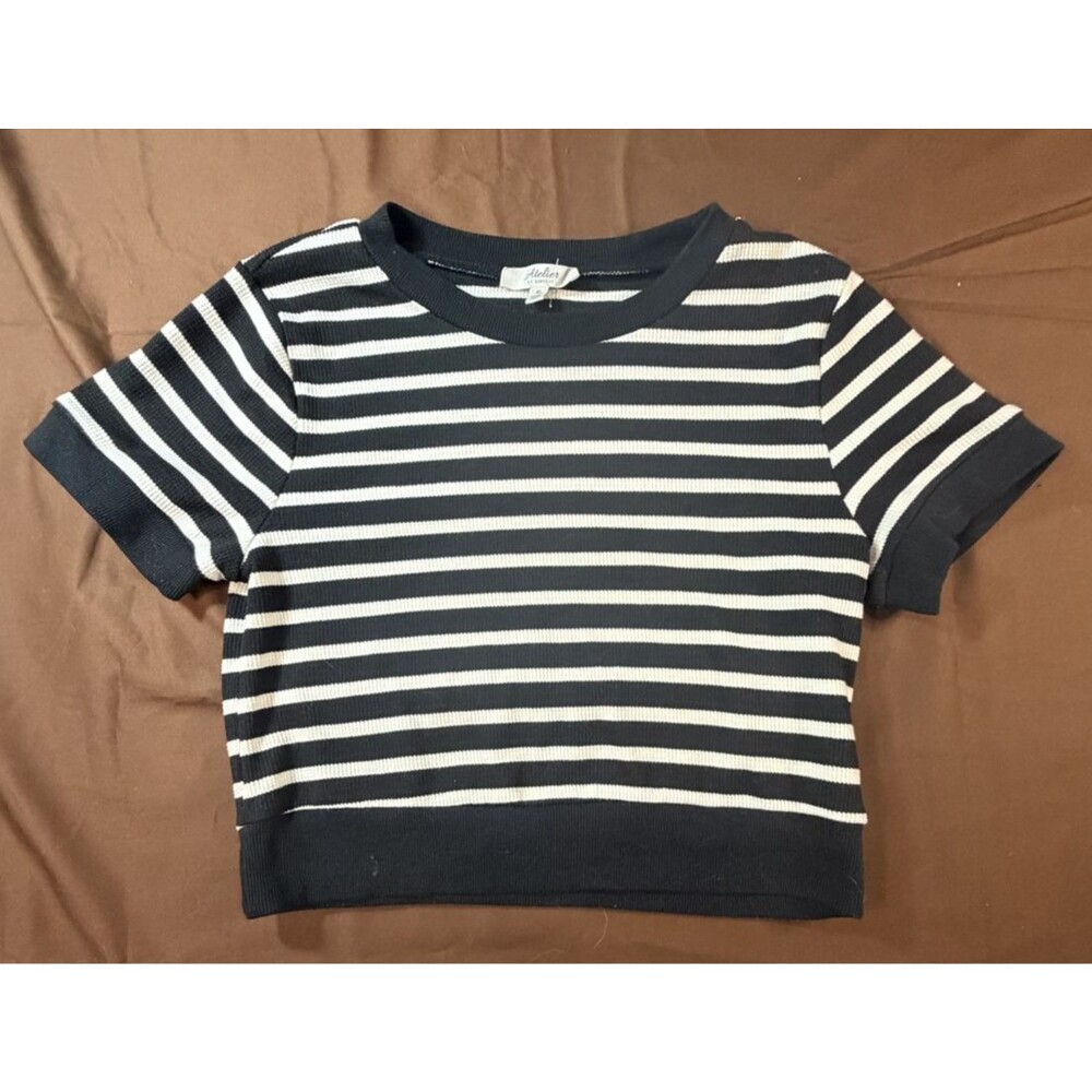 Atelier by Kirious Women’s XL Black White Striped Waffle Knit Cropped Tee